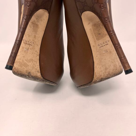 Gucci Womens 36 Chocolate Brown Leather Sofia Platform Stiletto Peep Toe Heels - Picture 8 of 16